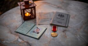 Eine Sammlung von Vintage-Militärerinnerungsstücken mit einer leuchtenden Laterne auf einem Steintisch.